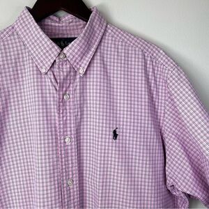 VTG Polo Ralph Lauren Mens XL Pink Checker Short Sleeve Shirt Preppy Black Pony